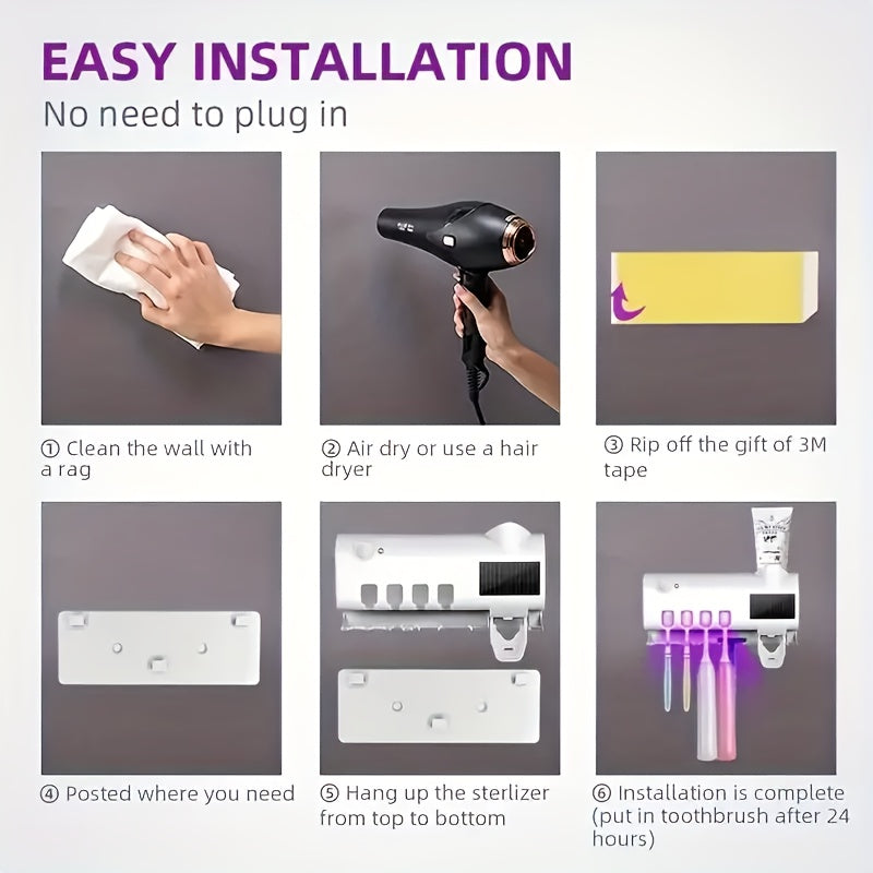 UV Sterilizing Toothbrush Holder with Toothpaste Dispenser, Wall-Mounted, Intelligent Disinfection, Bathroom Accessories, No-Drill Installation.