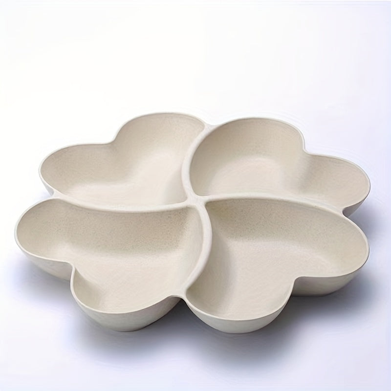 Heart-shaped divided fruit plate for home or party use, also suitable as a dessert plate or snack tray.