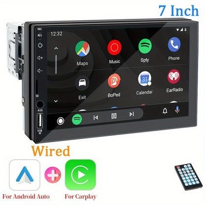 Universal car audio receiver with 7-inch touch screen, GPS navigation, wireless connectivity, and stereo output. Compatible with Android Auto and CarPlay, suitable for all vehicle models.