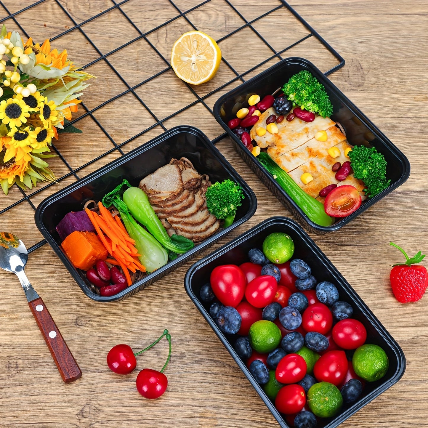 10, 30, or 50 pieces of 26oz plastic black boxes with lids. These rectangular food storage containers come with covers and are BPA free. They are stackable and leakproof bento boxes, safe to use in the microwave. Perfect kitchen gadgets and accessories