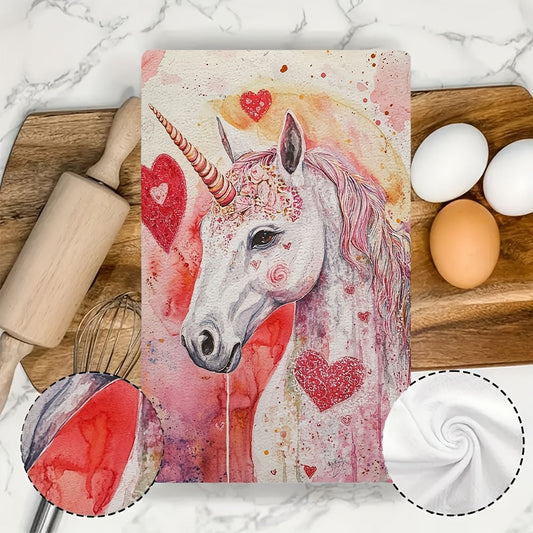 Set of 2 Ultra Plush Valentine's Unicorn Kitchen Towels - Charming Love-Theme, Super Absorbent & Easy to Clean Hand Towels, 40.64x60.96 cm - Ideal for Festive Decor, Kitchen Towels