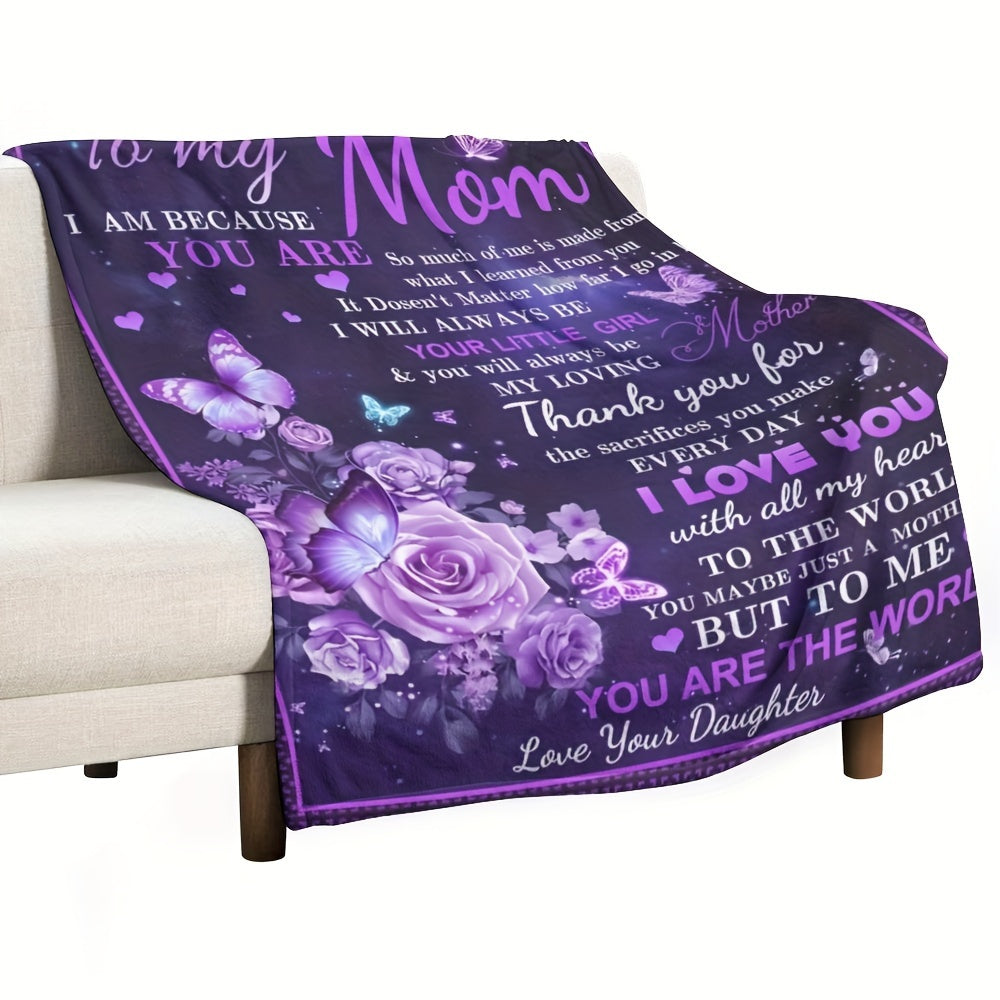 Beautiful Purple Flowers and Butterfly Print Blanket - A Special Gift for Mom from Daughter! Warm and Soft Throw Blanket to Show Your Love and Appreciation. Perfect for Mother's Day, Birthday, or Women's Day!