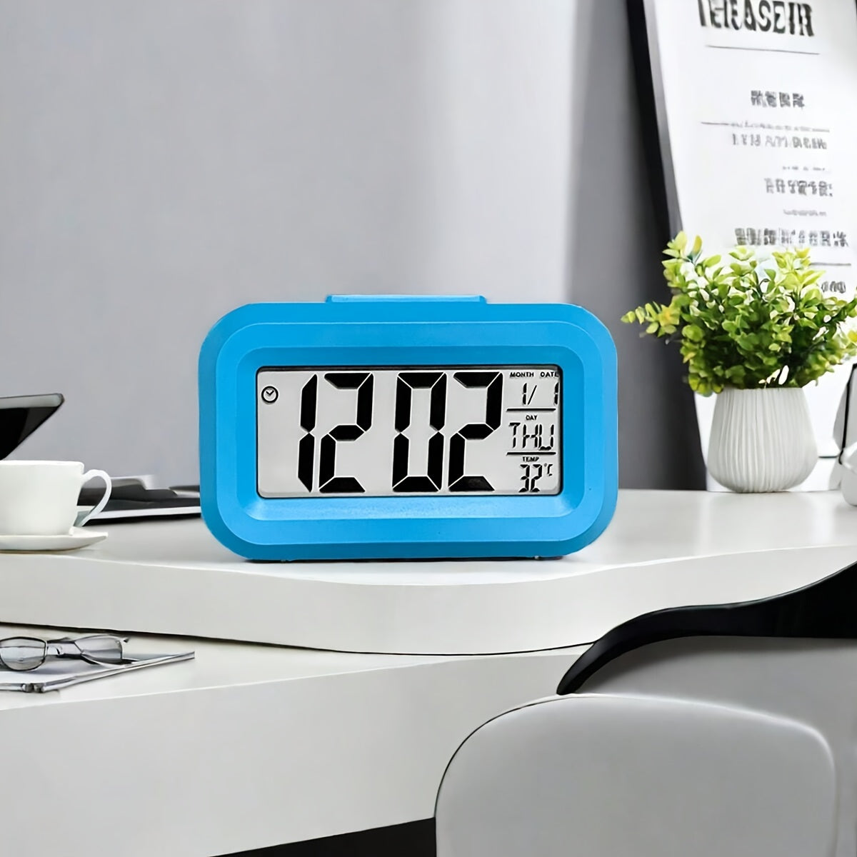 Compact pink mini LED desk clock with backlight, temperature, and calendar. Multifunctional kitchen timer for students. Sleek rectangular design with digital display. Battery-powered (AAA). Minimalist aesthetic.