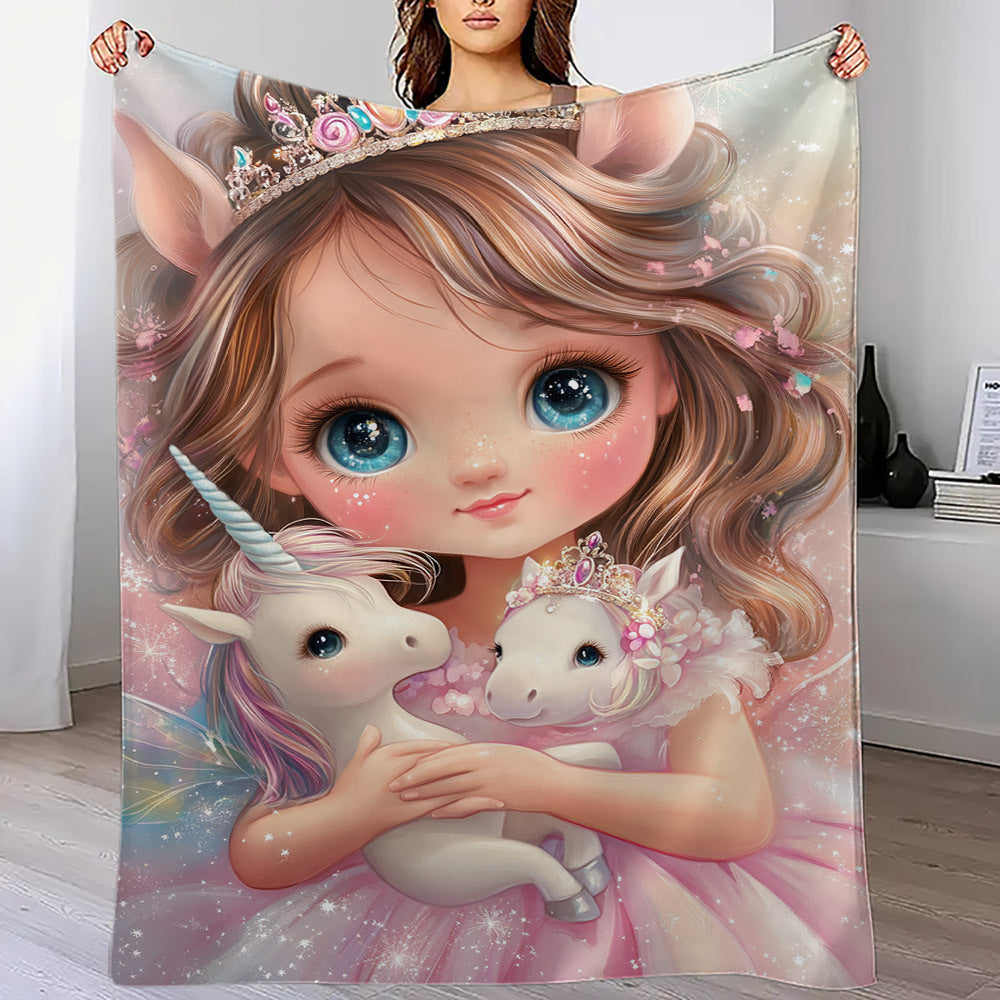 Modern flannel throw blanket featuring an enchanted girl and dreamy unicorns print. Hypoallergenic and suitable for all seasons, this multipurpose bedding is made of digital print polyester. Perfect for use on the bed, sofa, or while camping, it also