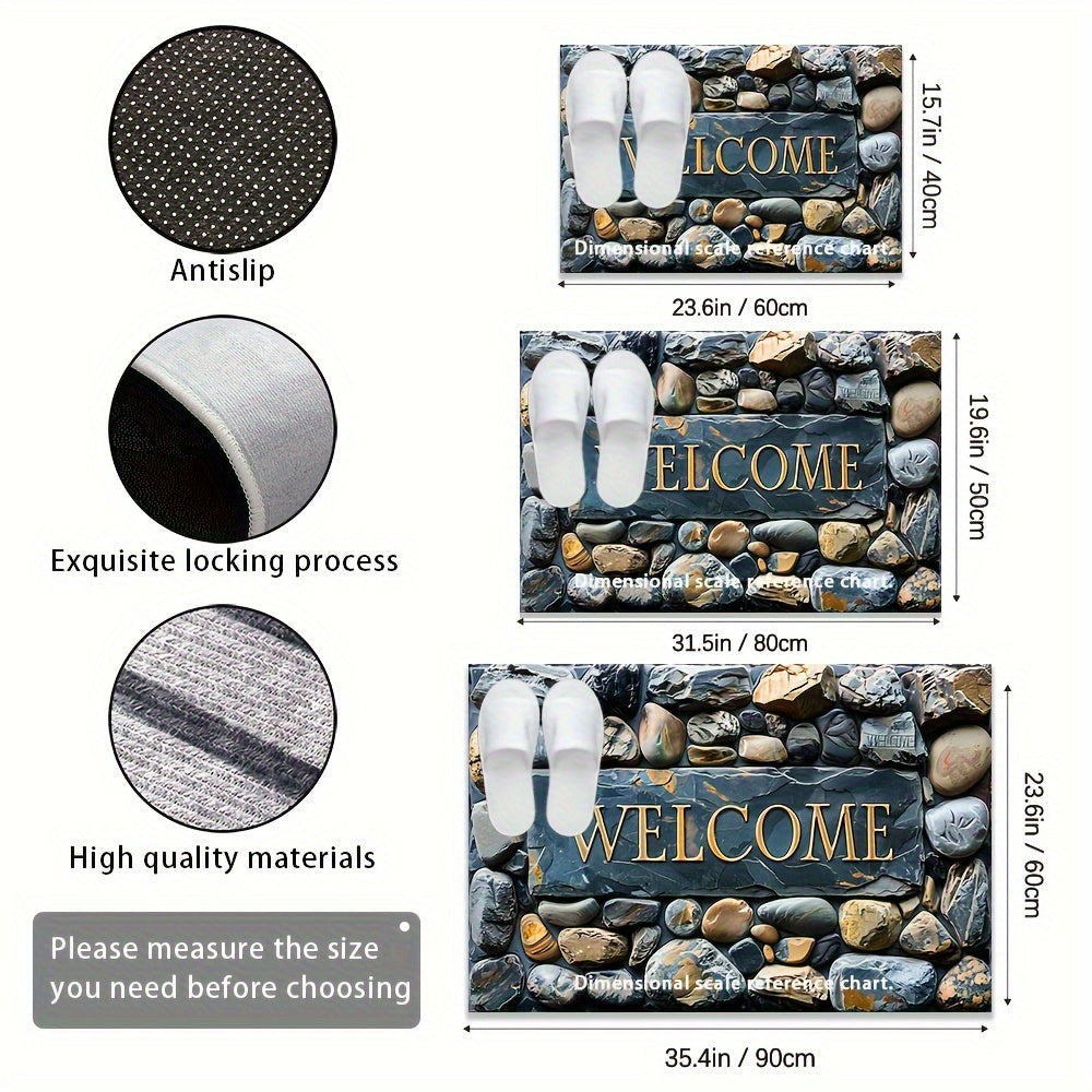 Introducing the luxurious Pebbles 3D Stone Pattern Floor Mat - a decorative delight for your home and outdoor spaces! This non-slip, waterproof, and machine washable polyester carpet features a beautiful artistic design and a luxurious texture. Perfect