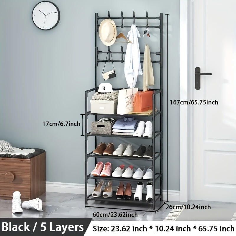 Freestanding Metal and Plastic Shoe Rack with 4/5 Tiers, 8 Hooks, and 2.27 KG Weight Capacity - Black/White Shoe and Clothes Organizer, Easy to Assemble.