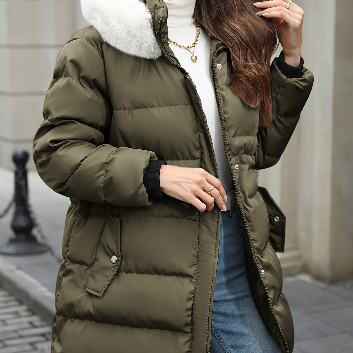 Women's casual hooded puffer jacket in solid color, with long sleeves, regular length, and non-stretch polyester. Features a zipper detail, placket closure, and H-fit for fall/winter.