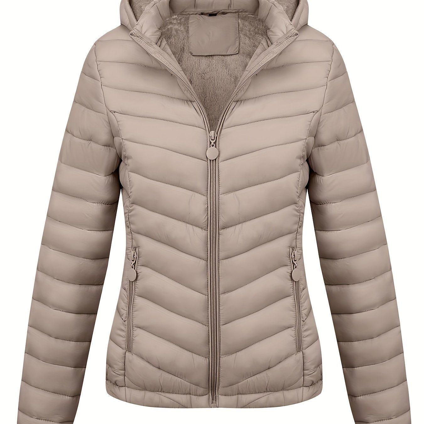 Zip-up Puffy Coat with Slant Pockets for Fall & Winter, Women's Clothing