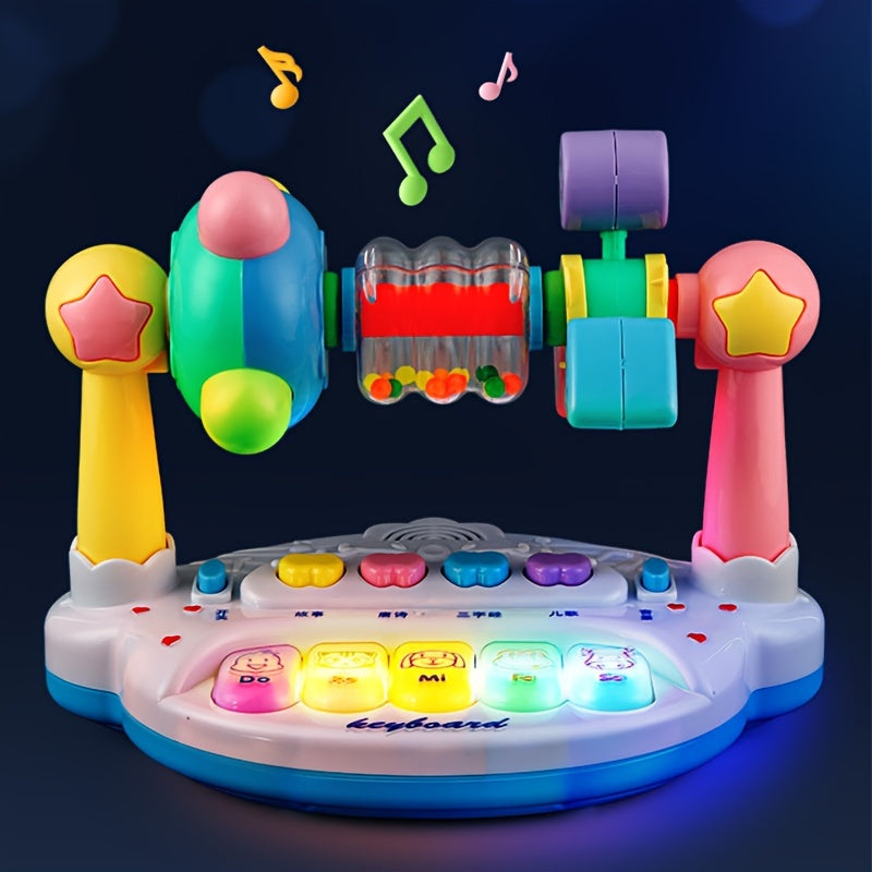 Educational Toy for Boys & Girls: Multi-Functional Kids Electronic Music Piano with Shaking Bells, Lights, and Alphabet & Piano Keys, Soft Lighting and Fun Spinning, White