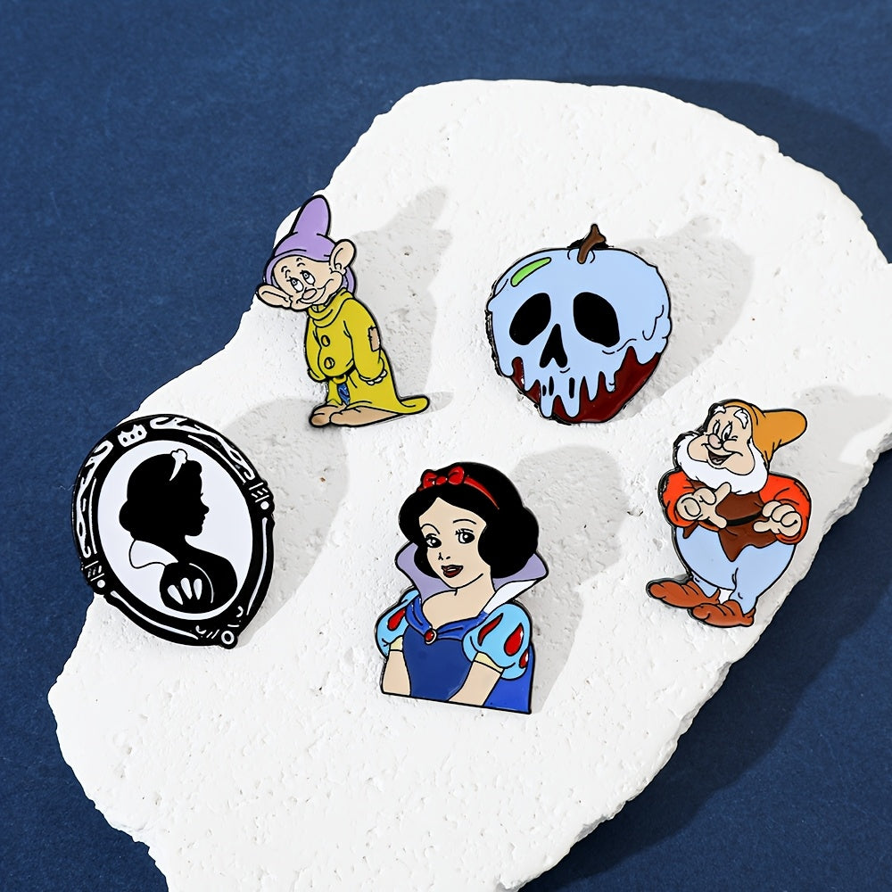 Set of 5 Enamel Pins - Adorable Snow White & The Seven Dwarfs Brooches, Made of Alloy Metal, Perfect for Clothing and Backpacks