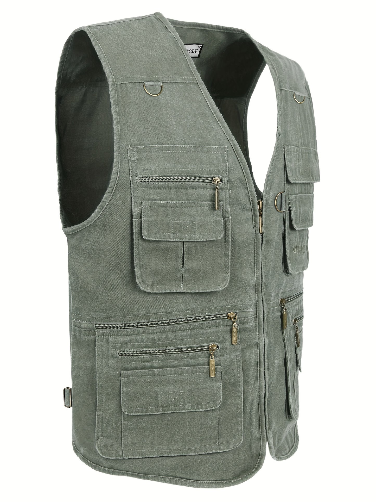 Solid multi-pocket zip-up vest jacket for men, perfect for outdoor activities and work days.