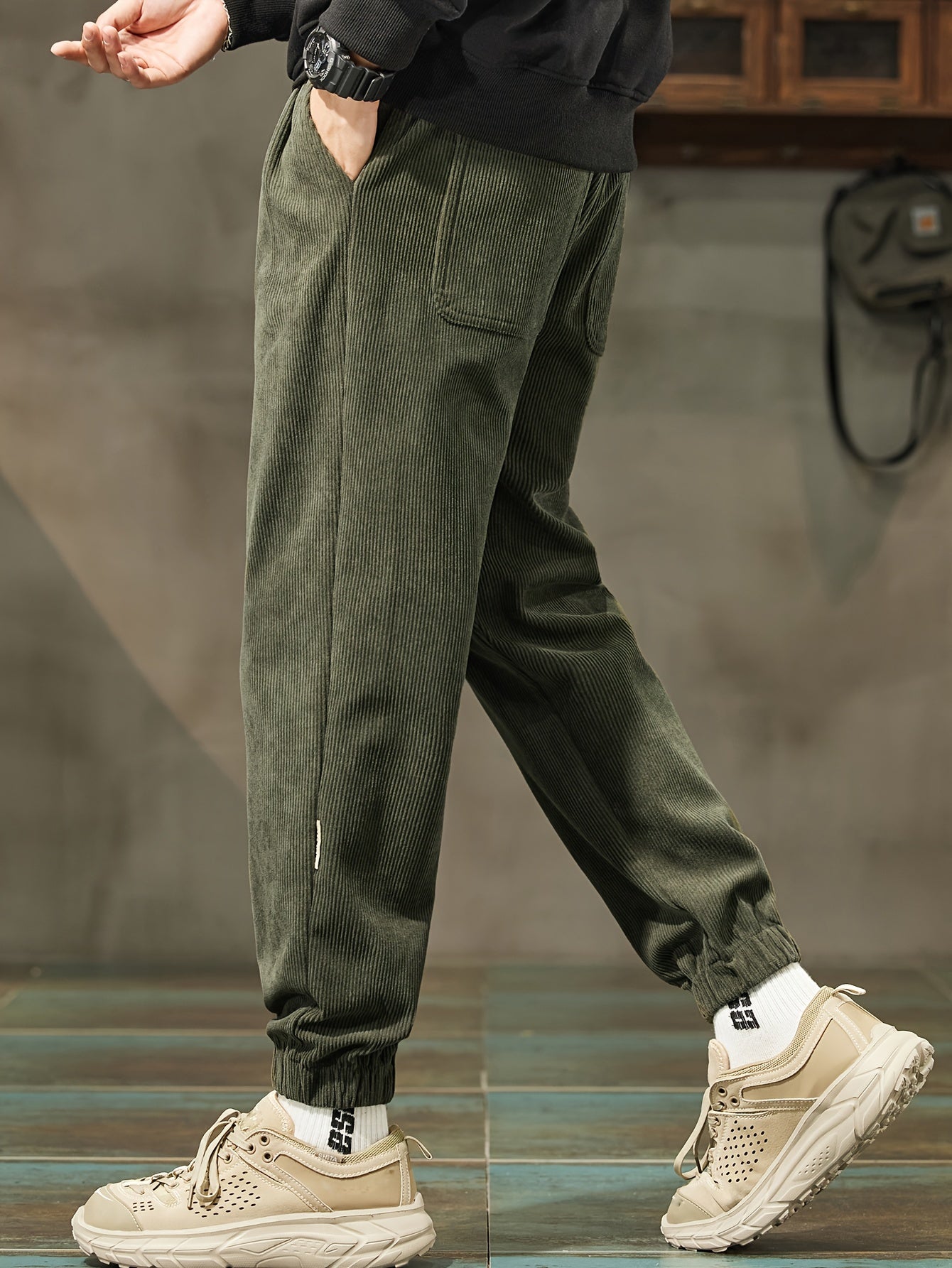 Men's Thick Corduroy Joggers - Loose fit with drawstring waist, cropped length, machine washable. Ideal for fall/winter fashion.