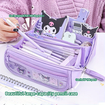 1 piece SANRIO 9-Layer Large-Capacity Multi-Functional Pen Case made of Oxford Cloth featuring Kulomi & Melody Cute Cartoon Style, ideal for organizing student stationery. Waterproof and