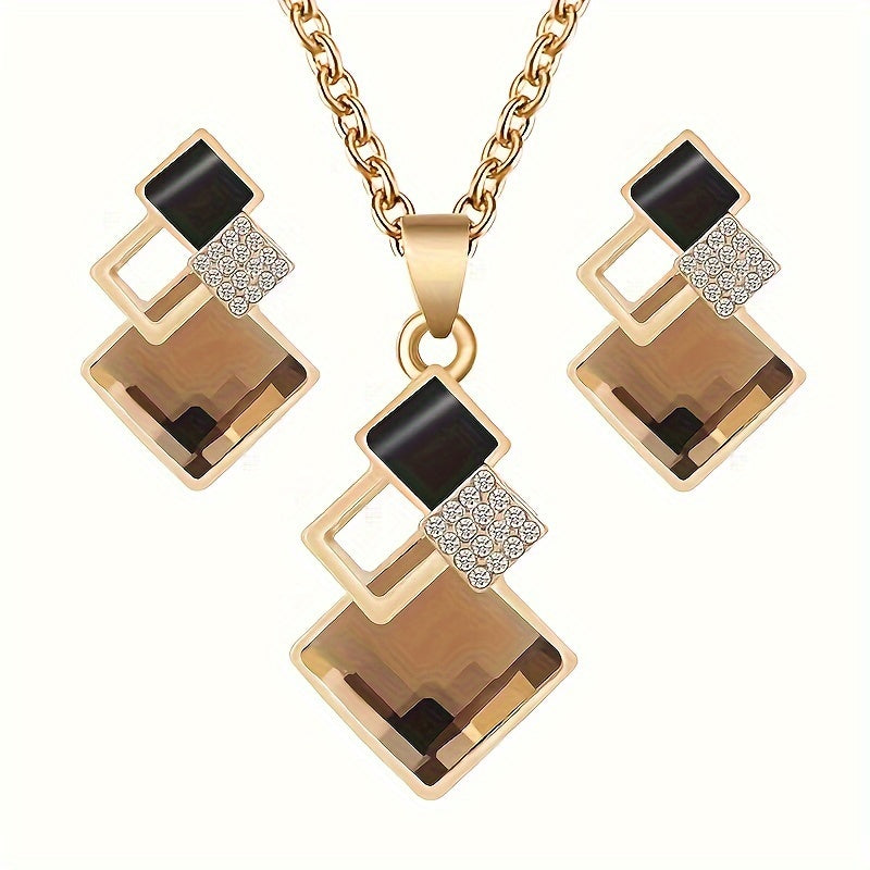 Vintage jewelry set featuring one pair of earrings and one necklace with a sparkling square design available in multiple colors for you to choose from. Perfect for matching with your daily outfits or adding a touch of glamour to party decor.