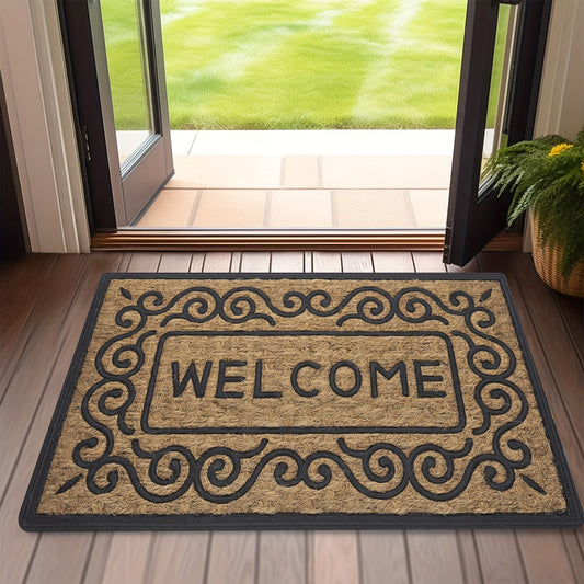 Welcome guests with the 1-piece Welcome Doormat featuring a non-slip PVC backing. This machine washable rectangle flannel textile entrance mat is perfect for both indoor and outdoor use. Use it as home décor or a washable area mat.