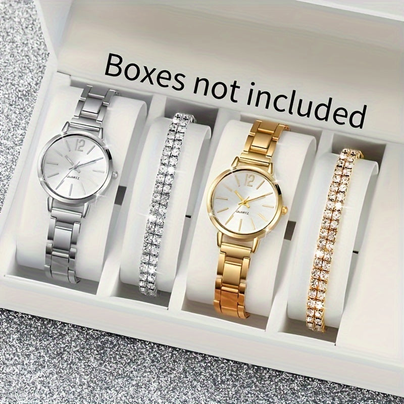 Six elegant ladies quartz watches and bracelet suits with round zinc alloy case, stainless steel strap, casual round simulation dial with steel band, and shock-proof movement.