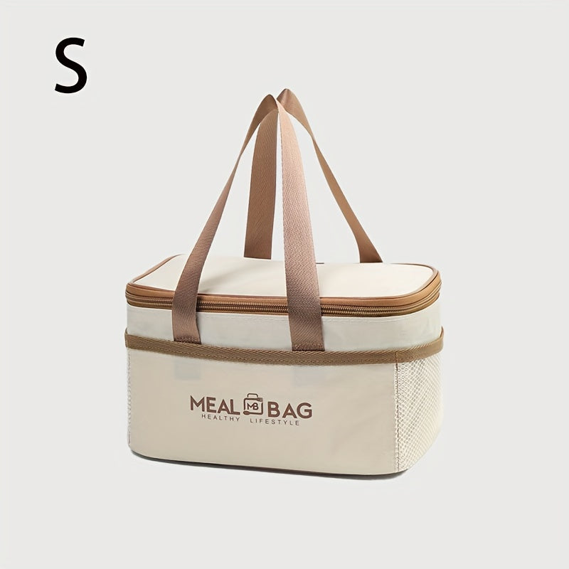 Set of insulated lunch bags with handle, made of hand washable light beige polyester material, featuring a thick aluminum foil lining for insulation. These waterproof thermal food container totes come in three different sizes, perfect for work or school.