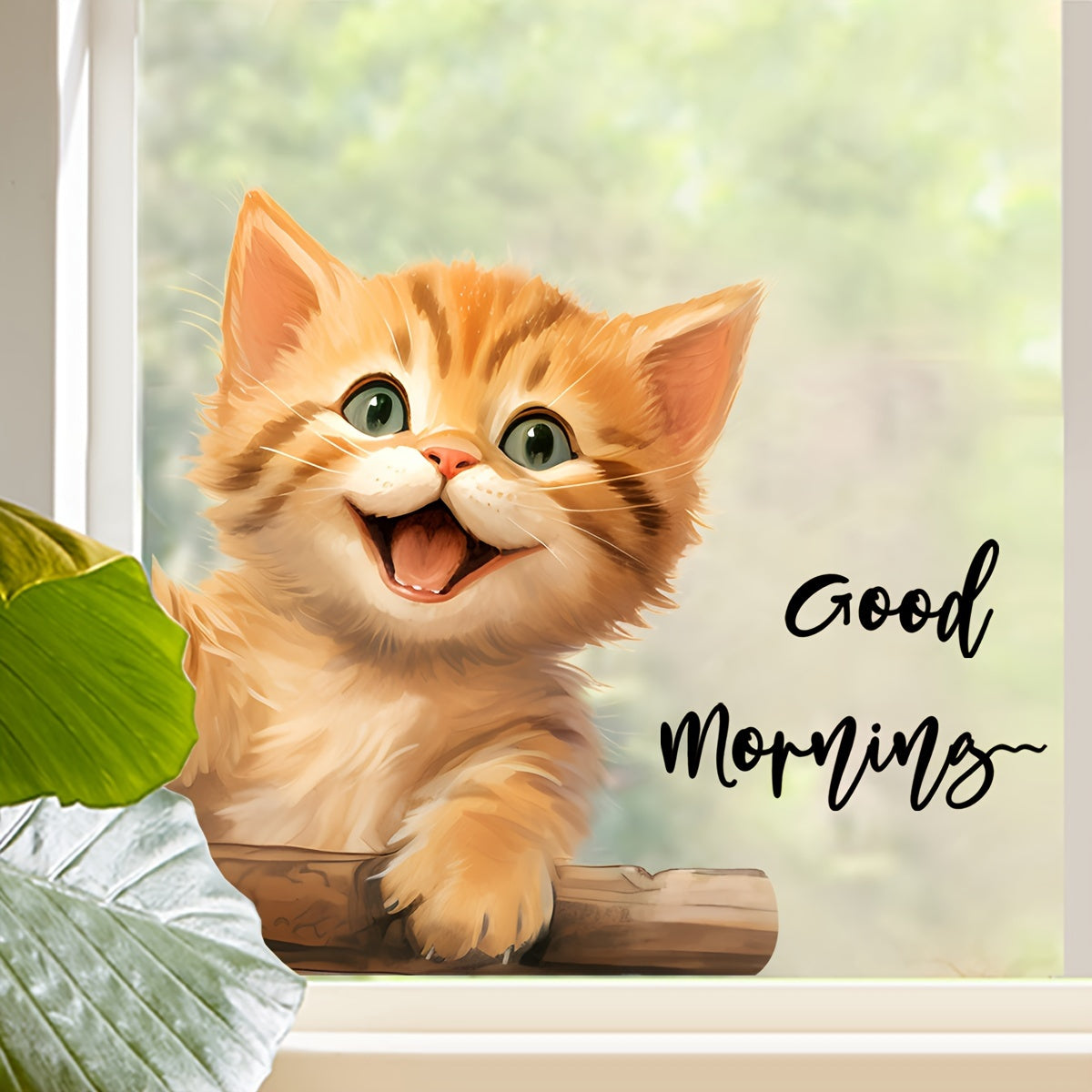 Double-sided electrostatic window sticker featuring a cute English cat design with the message "good morning." This sticker is visible from both inside and outside the home, and can be easily removed and repositioned. Perfect for decorating windows or