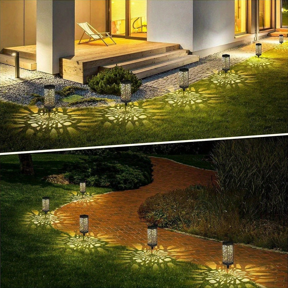 6-Pack Solar Path Lights with LED landscape lighting. Low-voltage, solar-powered with detachable fixture. Plastic lamp shade and solar battery included. ≤100 Lumen output.