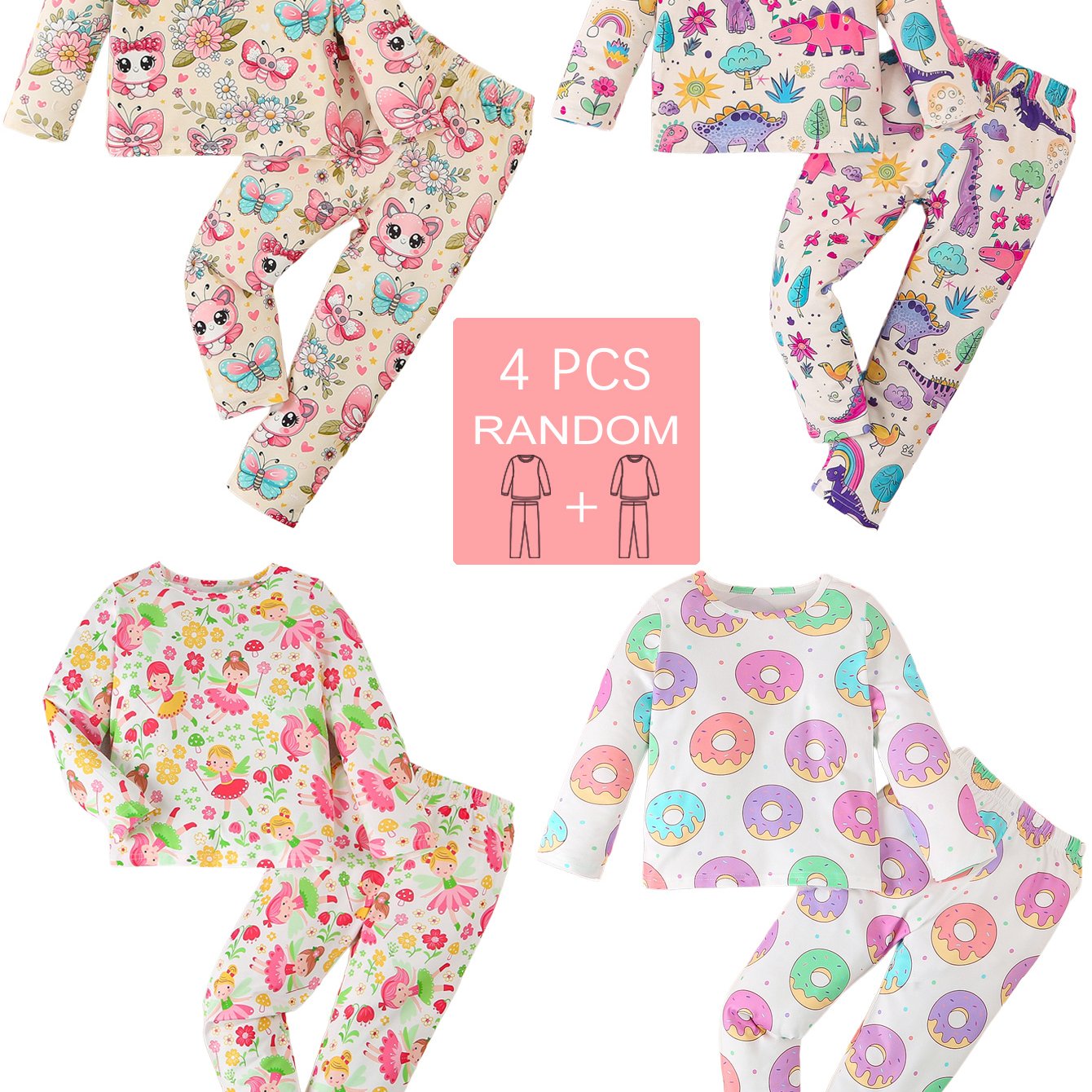 Girls' 4-piece pajama set with cute butterfly, girl, donut, and dinosaur patterns. Comfy for all seasons, made with stretchy polyester blend. Great daily gift.