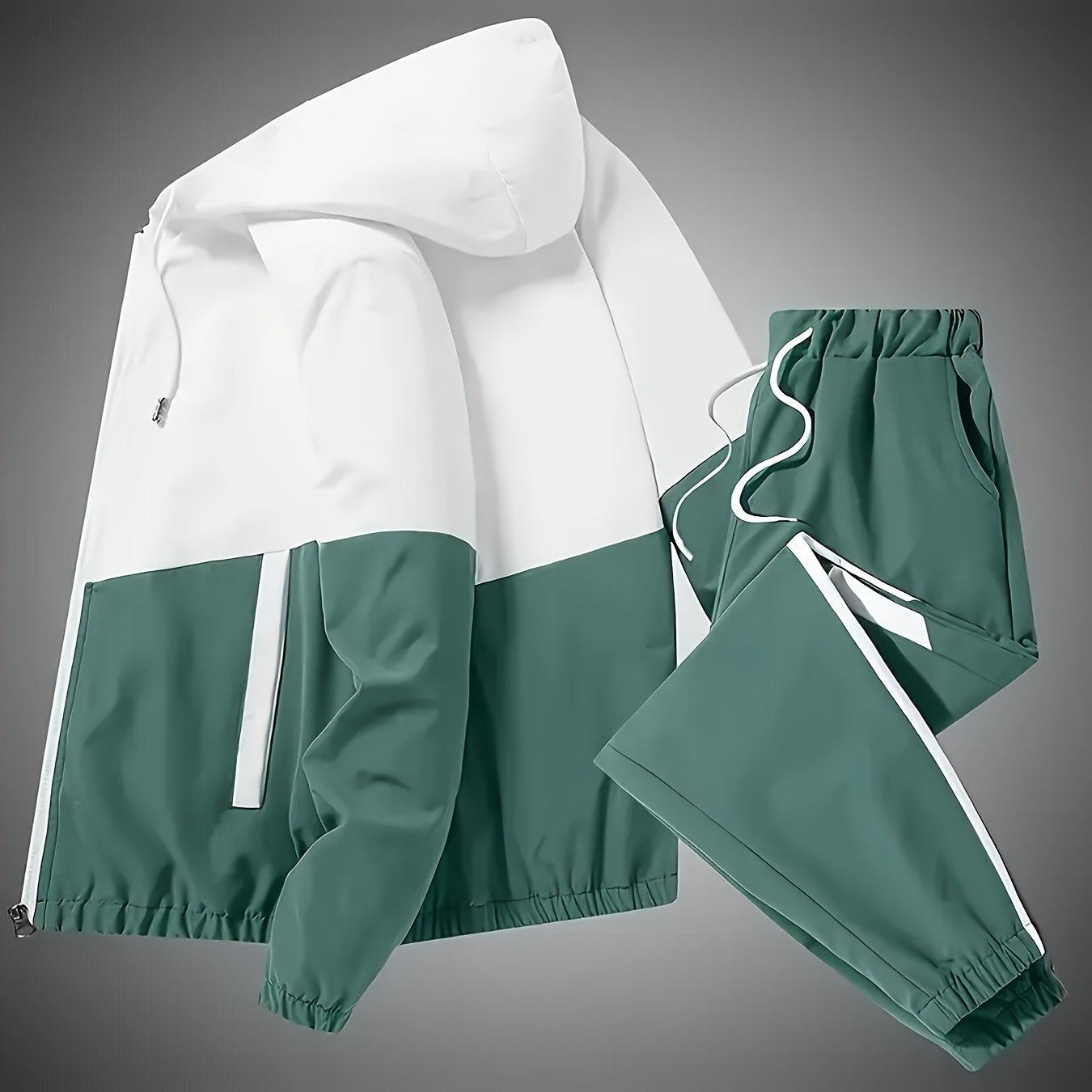 Men's Color Block Hoodie & Joggers Set: Polyester, Zip Detail, All-Season Wear