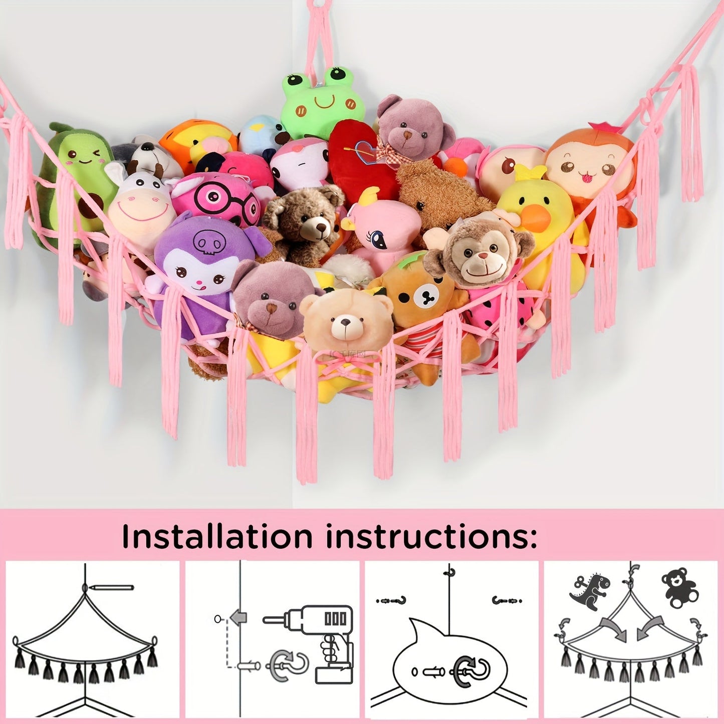 Large Boho-style net hammock for storing and hanging pink stuffed animals. Perfect for keeping your favorite toys organized and displayed in a fun and stylish way.