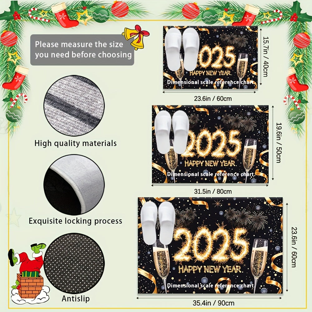 1 piece of rectangular polyester fiber doormat for the year 2025, featuring a festive Champagne cup print. This non-slip mat is machine washable and perfect for entryways, kitchens, living rooms, bedrooms, and bathrooms. It is lightweight, easy to clean