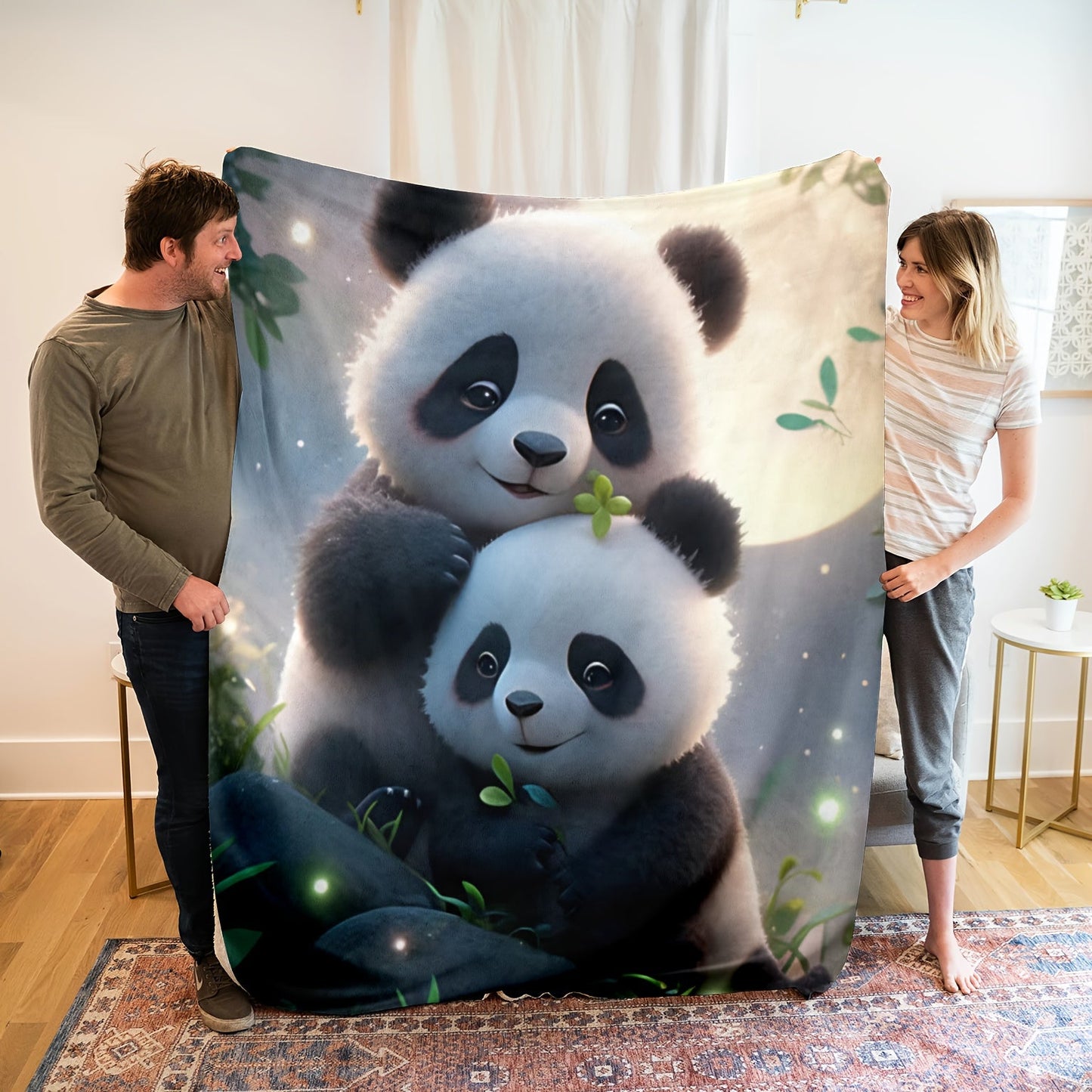 Soft and cozy panda print flannel throw blanket that is warm and versatile for use on the couch, bed, office, or camping. Features a stylish blue color.