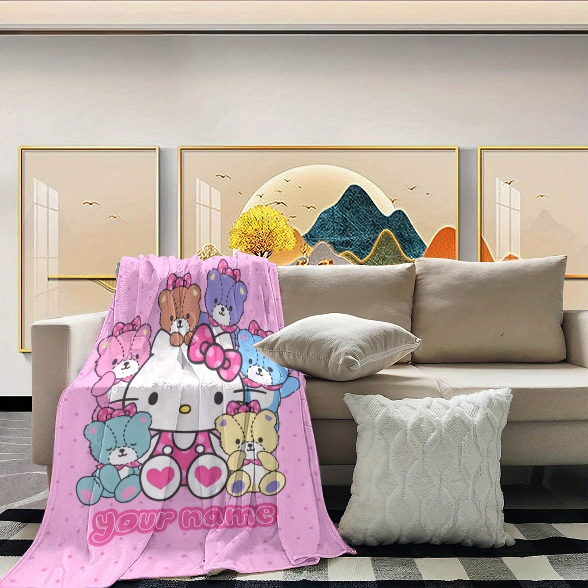 Personalized Hello Kitty Cartoon Blanket. Soft and Cozy Flannel Material. Perfect for Adding a Pop of Style to Any Room. Versatile Gift Idea for Any Occasion. Ideal for Year-Round Use.