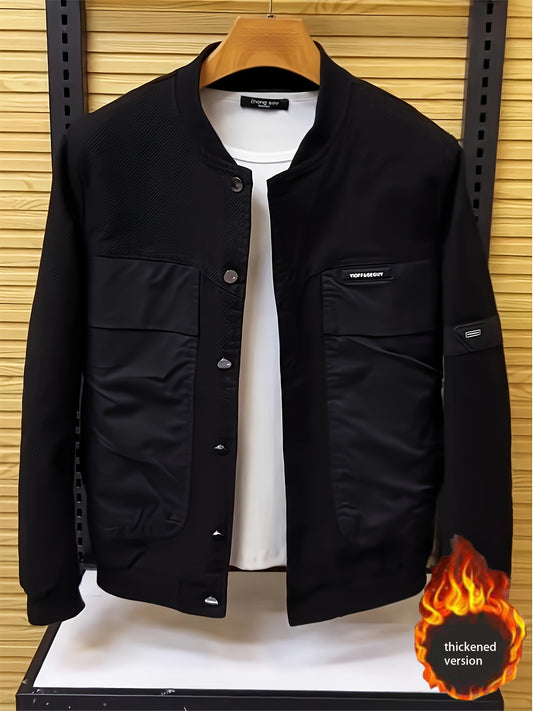 Stylish men's bomber jacket with Korean flair, button-up with pockets, solid color, made of polyester.