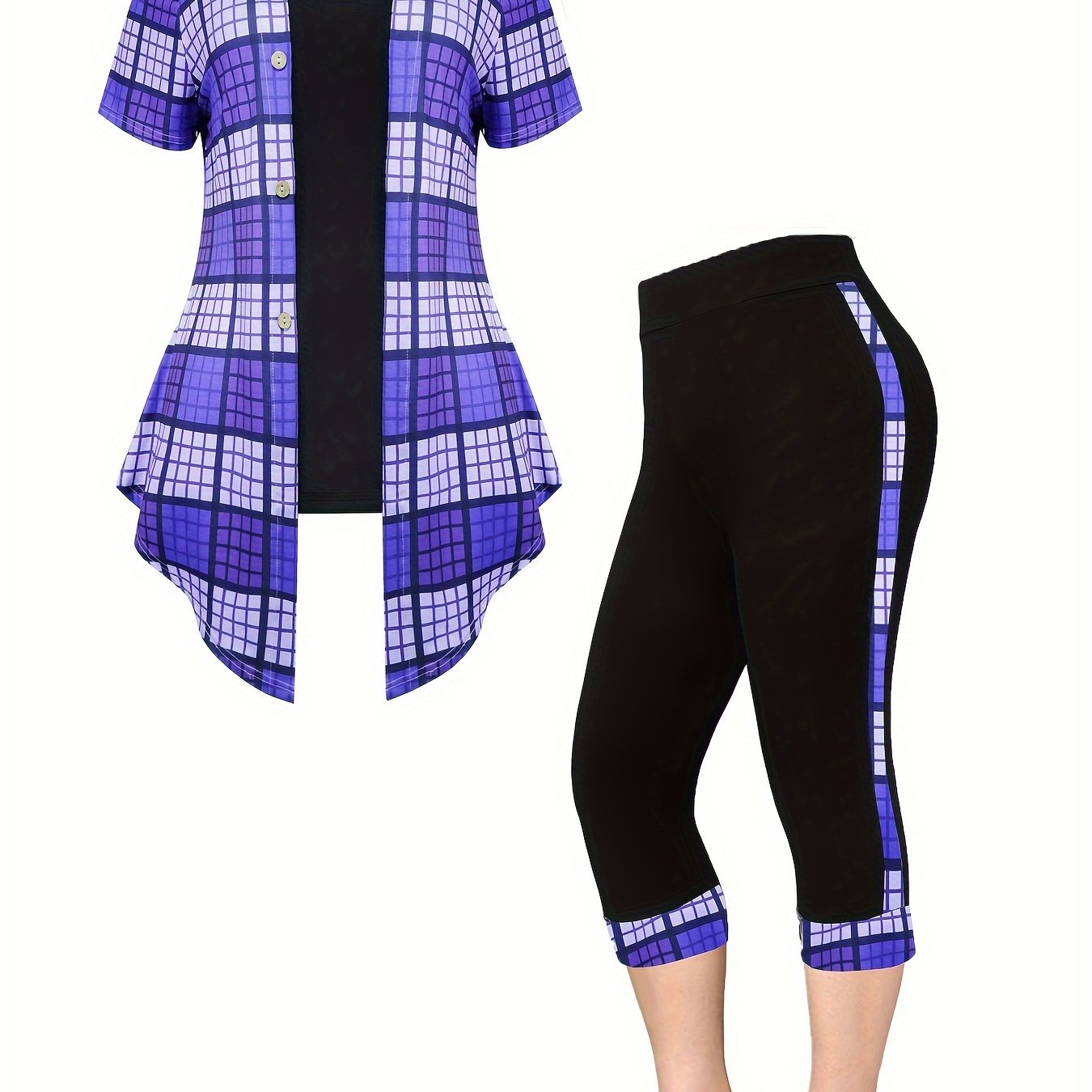 V Neck Short Sleeve Top & Capris Pants Set in Plus Size Plaid Print for Women