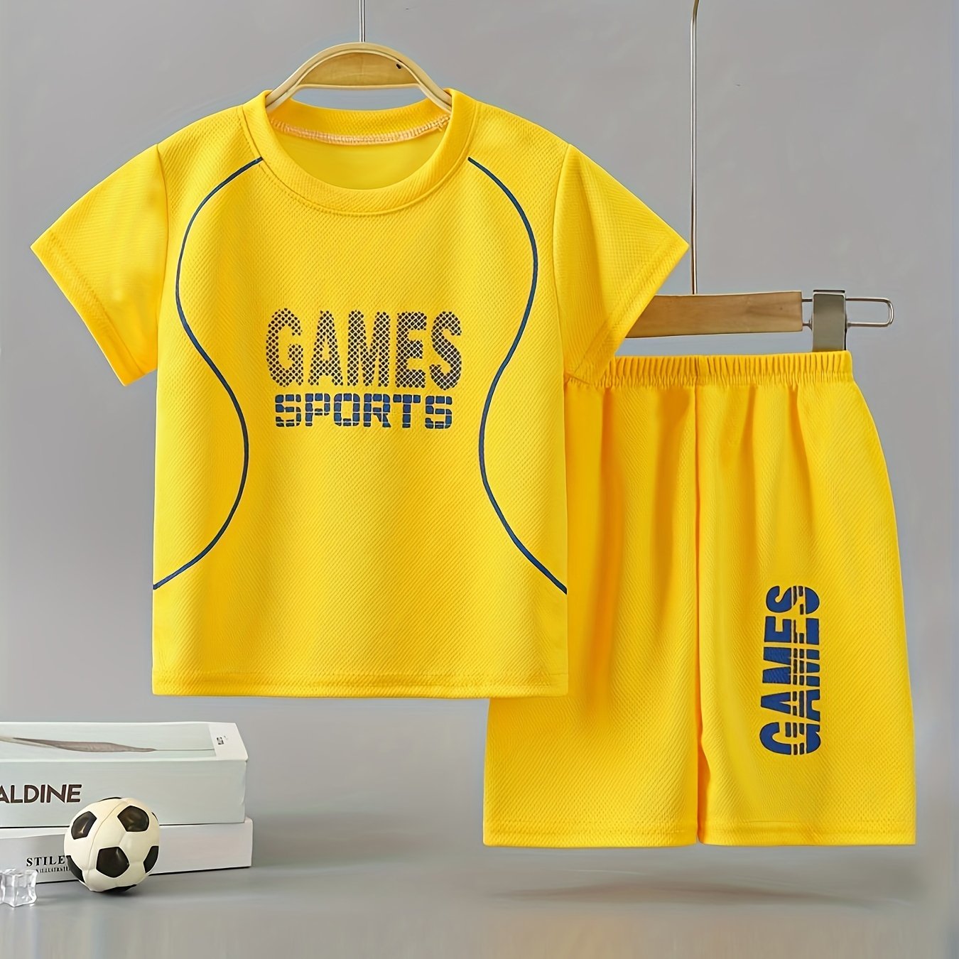 Boys' 2pc quick-drying outfit with GAMES SPORTS print t-shirt and shorts for summer outdoor wear.