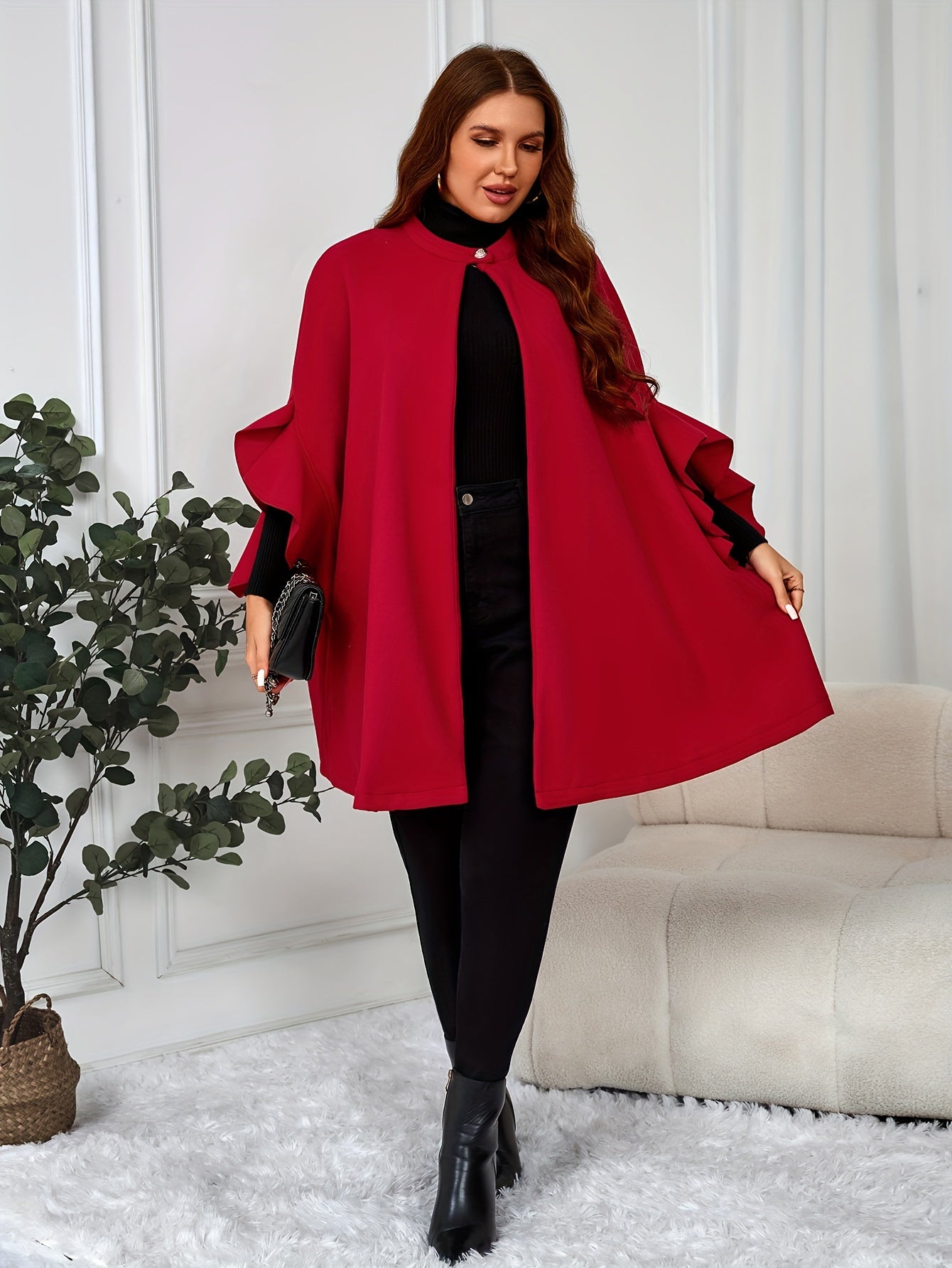 Elegant plus size red cape coat with ruffle sleeves, Crew neck outerwear made of polyester blend with slight stretch. Solid color woven cape suitable for all seasons.