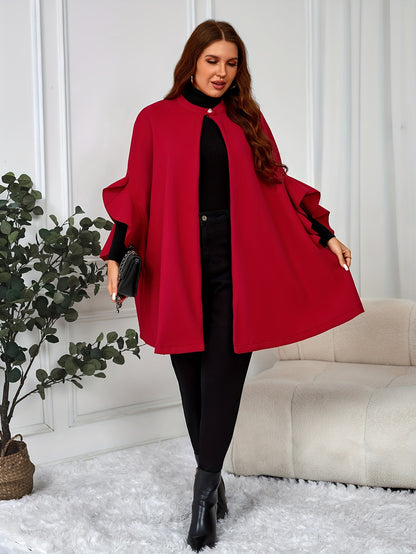 Elegant plus size red cape coat with ruffle sleeves, Crew neck outerwear made of polyester blend with slight stretch. Solid color woven cape suitable for all seasons.