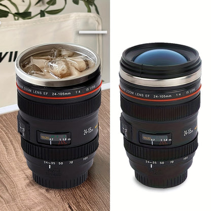 Stainless steel camera lens coffee mug with retractable lid, realistic SLR design. BPA-free ABS plastic. Ideal gift for photographers. Multipurpose travel cup. Hand wash only. Novelty drinkware.