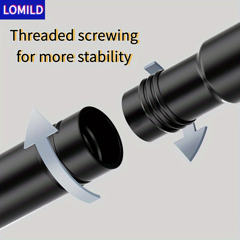 Lomild stainless steel tension shower curtain rod in black, extendable for hanging clothes or curtains without drilling, suitable for use in bedroom, bathroom, or balcony.