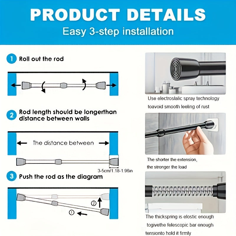 Telescopic rod for multiple uses: shower curtains, drying, hanging clothes, curtains, and more. No drilling required.