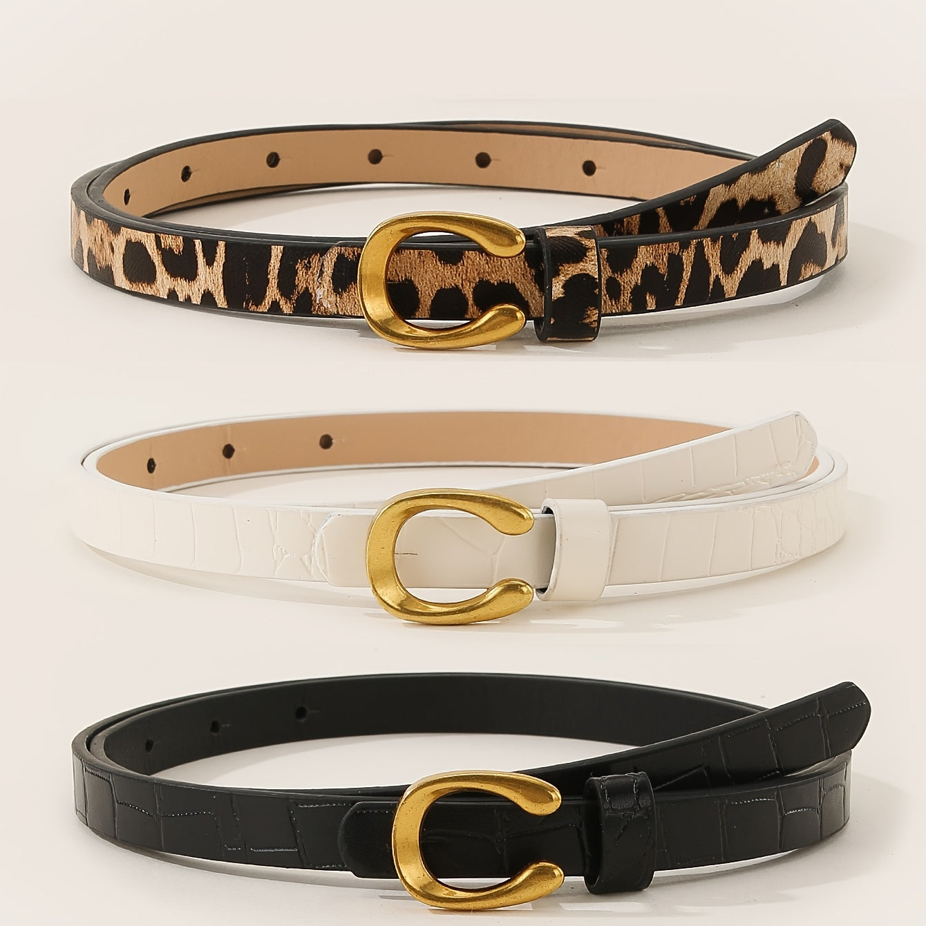 Set of 3 leopard and letter print belts with U-shaped alloy buckle, ideal for women's casual or business attire.