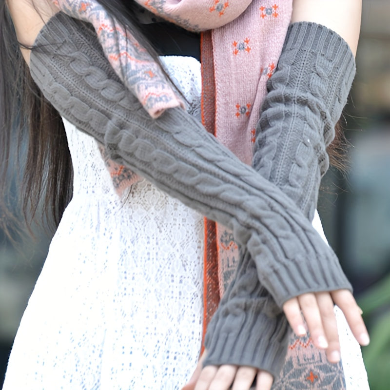 Warm up your arms with these Long Knitted Twist Gloves perfect for outdoor travels during the cold autumn and winter seasons. Designed for women, these fingerless gloves are coldproof and feature an elastic sleeve for added comfort.