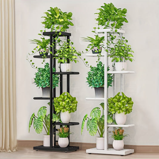 1 pack of versatile metal plant stand with 5 or 7 tiers for indoor or outdoor use, ideal for living room, balcony, or bedroom. Available in black or white for home decoration organization.