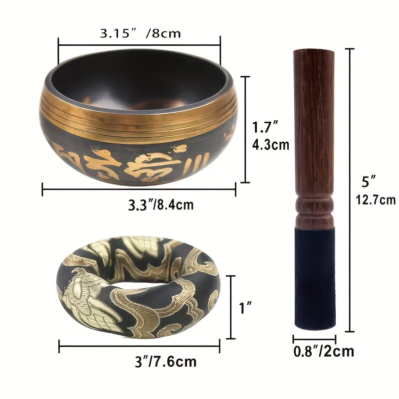 Handcrafted Tibetan Singing Bowls Set includes hammered copper sound bowl, mallet, and drawstring bag for yoga, meditation, and chakra balancing.