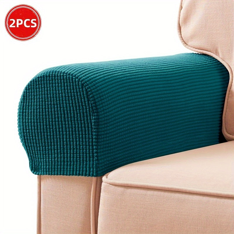 2 Stretch Armrest Covers made of durable spandex blend with plush texture. Scratch & dust resistant, and machine washable. Fits single to four-seater sofas & recliners in various colors.