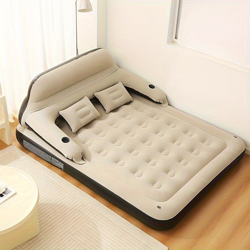 This inflatable air mattress features a headboard and stands at a height of 71.12cm. It has a comfortable flocked top and deep fill, made of plastic material with a polyester cover. The pump is included, requiring no electricity or battery. Perfect for