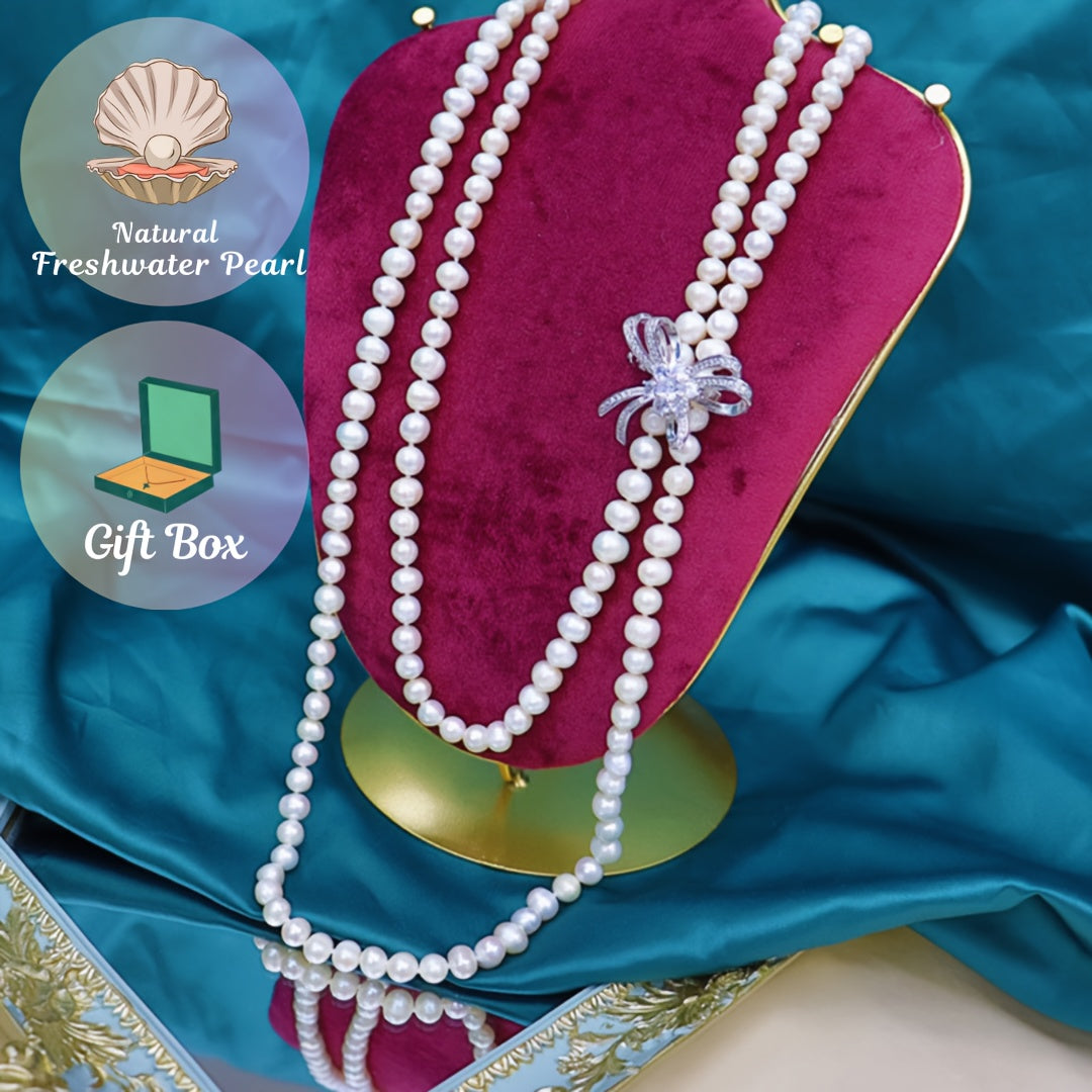 Vintage-Inspired Freshwater Pearl Strand Necklace, 7-8mm, 1.2m Multi-Wear Elegant Long Chain - No Plating. Ideal for Daily & Vacation Wear, All-Season Pearl Jewelry. Perfect Valentine's Day Gift with Random Style Gift Box.