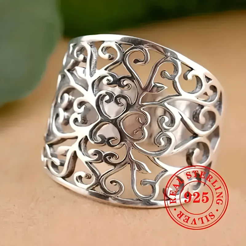 925 Silver Hollow Vine Wide Band Ring with Wide Hollow Leaf Pattern - Perfect Bohemian Gift (Comes with Gift Box)