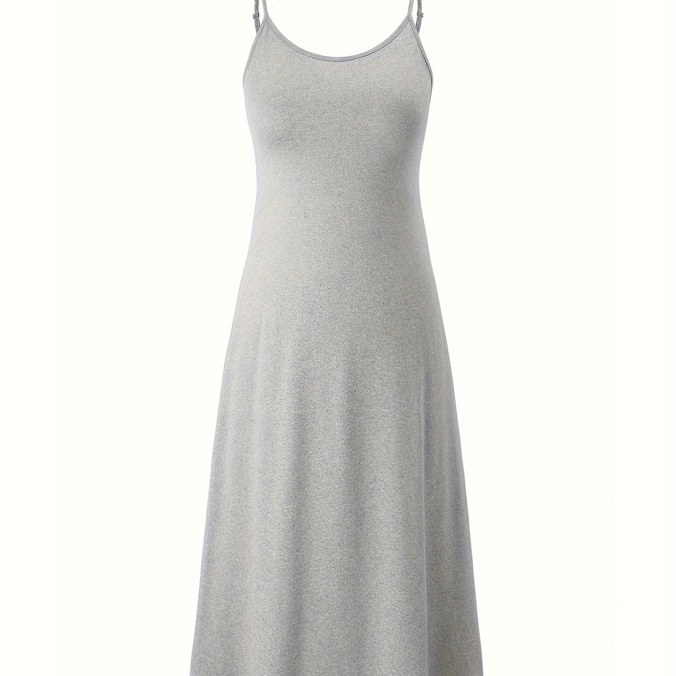 Sleeveless shoulder-baring lounge dress for women, with adjustable straps and flowing skirt. Made of comfortable knit polyester fabric, machine washable.