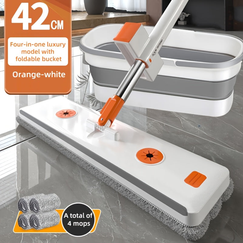 Get the ultimate cleaning tool with the Stainless Steel Flat Mop and Long Handle Set Bucket. This multi-surface wet and dry floor cleaning system includes a durable rotating mop, along with cleaning supplies and tools for kitchen, bathroom, living room