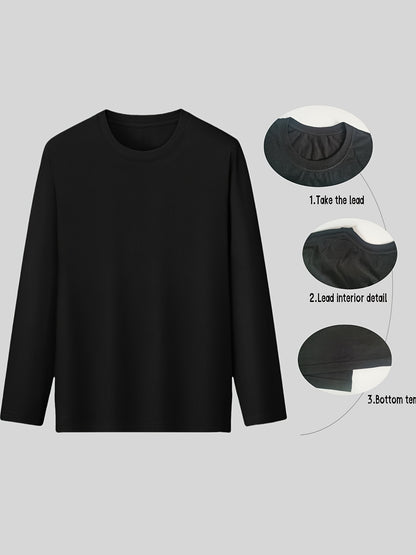 3 Men's Long Sleeve T-Shirts in Black, Beige, Gray - 100% Cotton, Breathable, Casual for Spring & Autumn