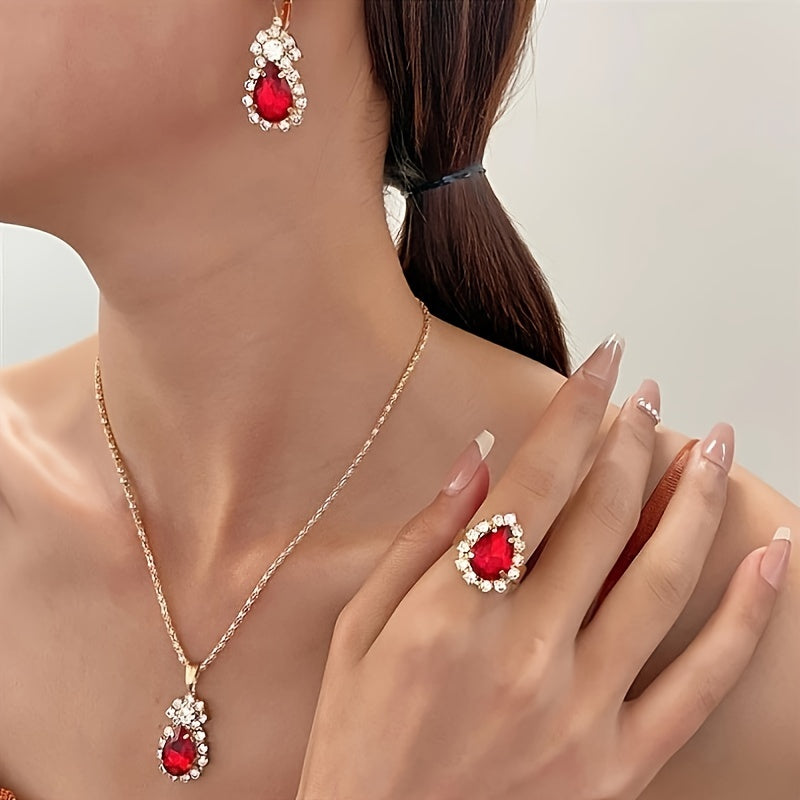 Stylish 4-piece alloy jewelry set for women with teardrop pendant, earrings, and ring - ideal fashion gift