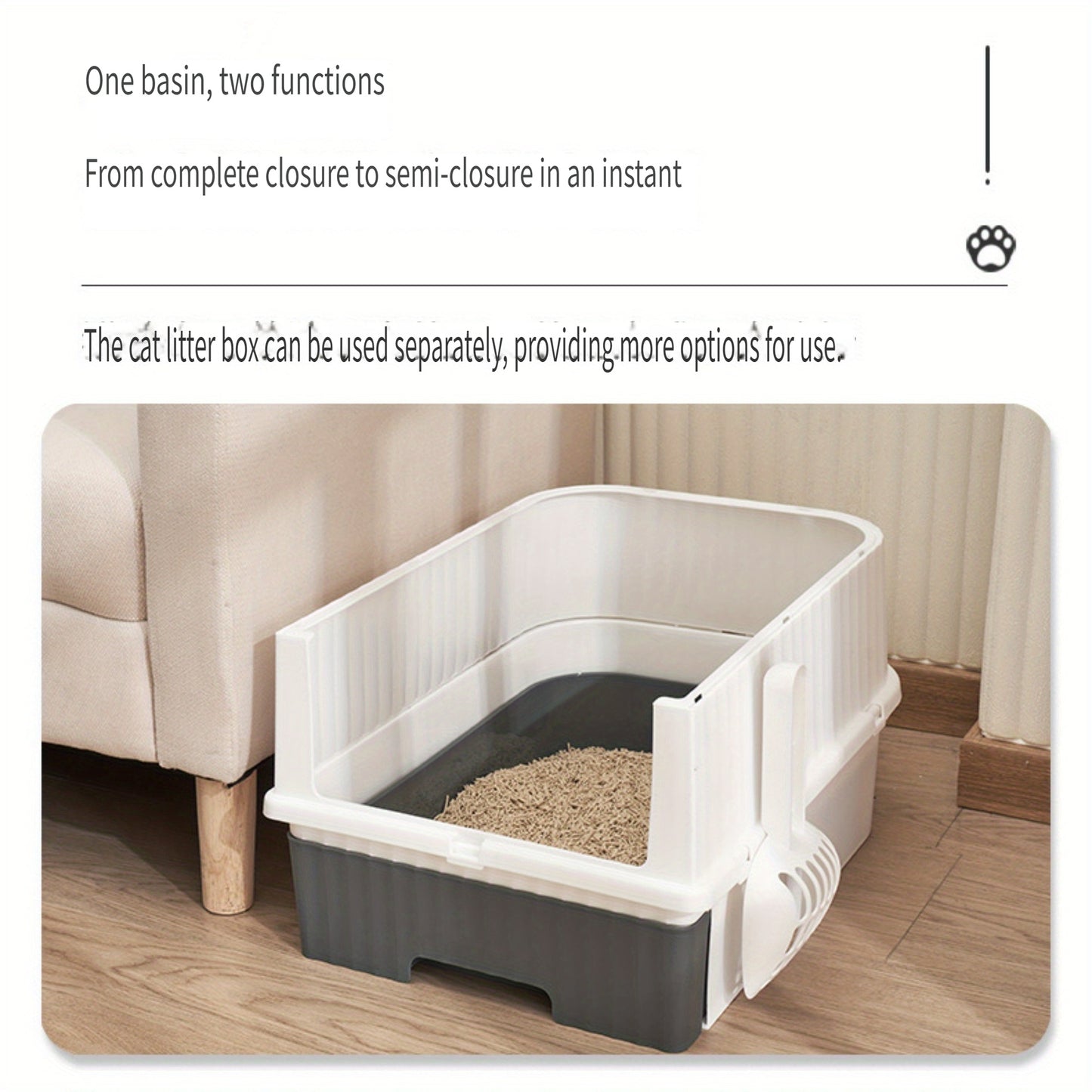 Enclosed cat litter box with deodorizing system made of PP material, fully sealed design for odor control, compatible with carbon transport, suitable for all cat breeds.